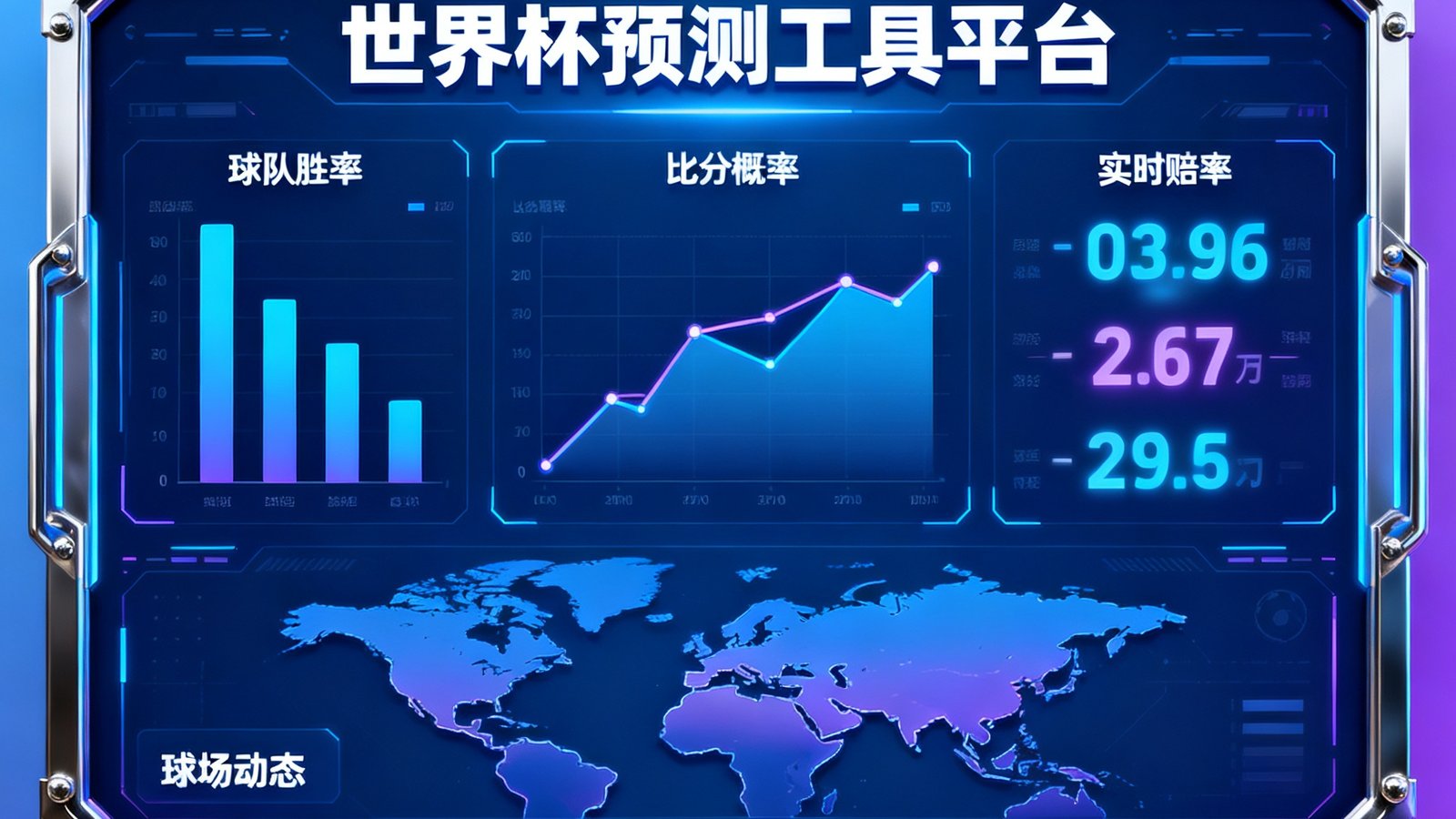 世界杯预测工具平台英雄图：大数据面板显示球队胜率、比分概率、实时赔率与球场动态